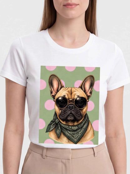 White crewneck T-shirt with French bulldog portrait graphic in polka-dot frame