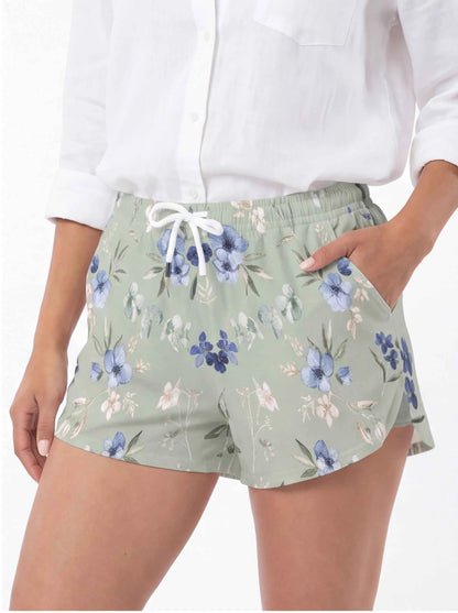 Blue floral relaxed shorts, elastic waist with drawstring and elastic hem