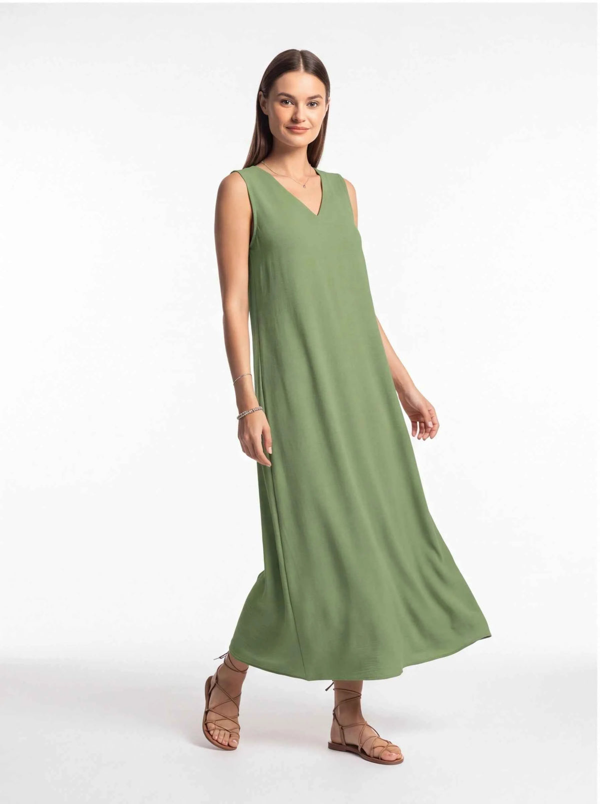 Green sleeveless V-neck maxi dress with full-length A-line skirt