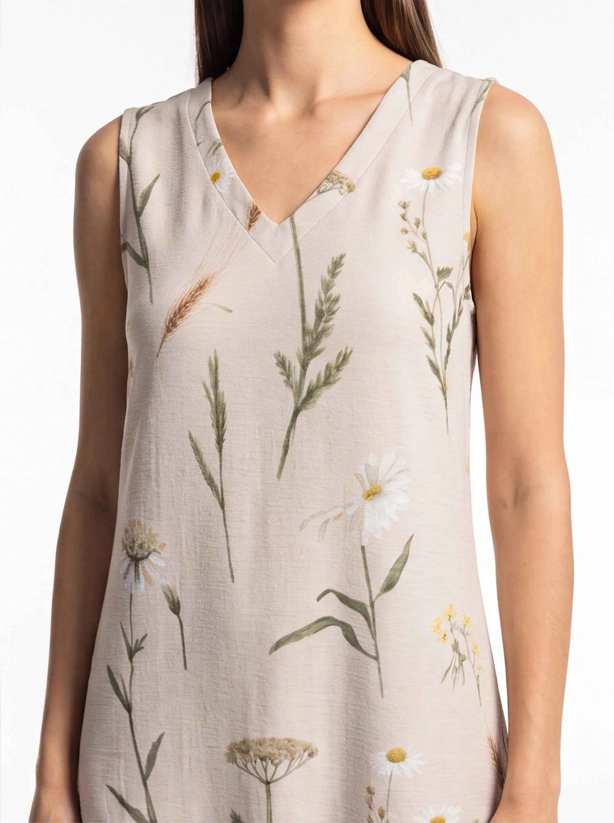 Women’s sleeveless V-neck maxi dress close-up, botanical print and stitched seams