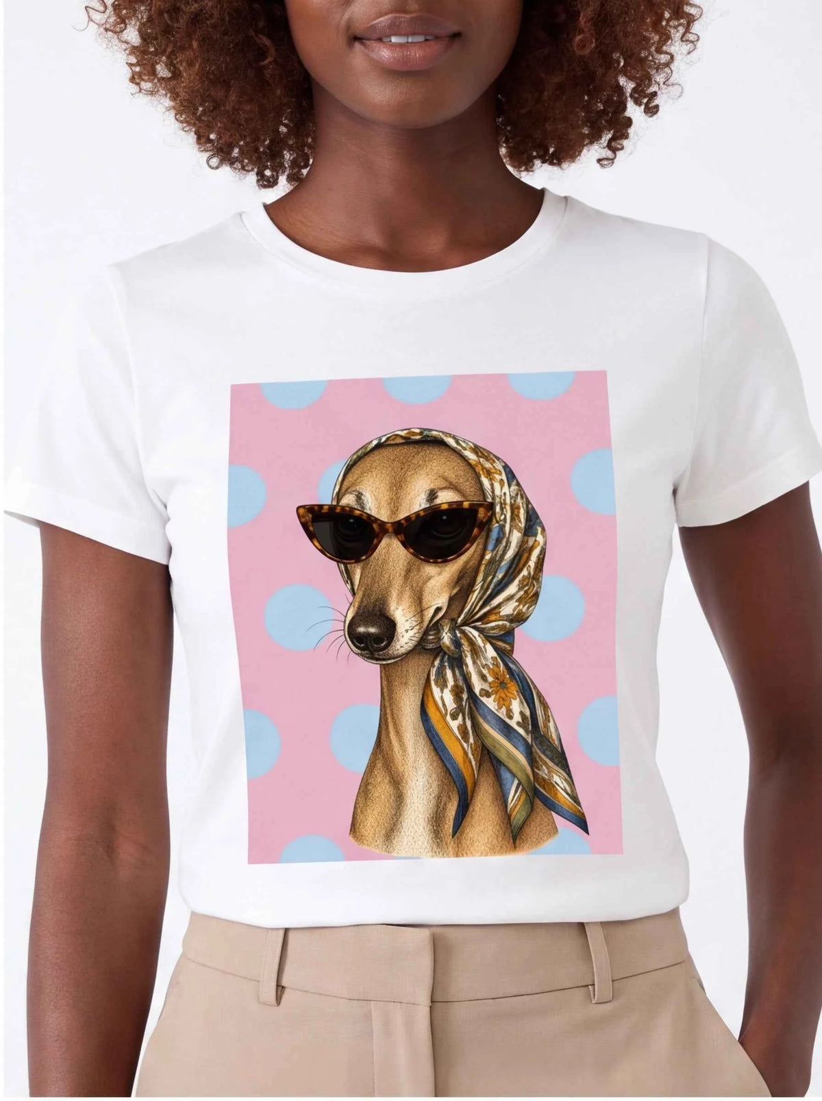 White graphic t-shirt with dog portrait print in a pastel polka-dot square