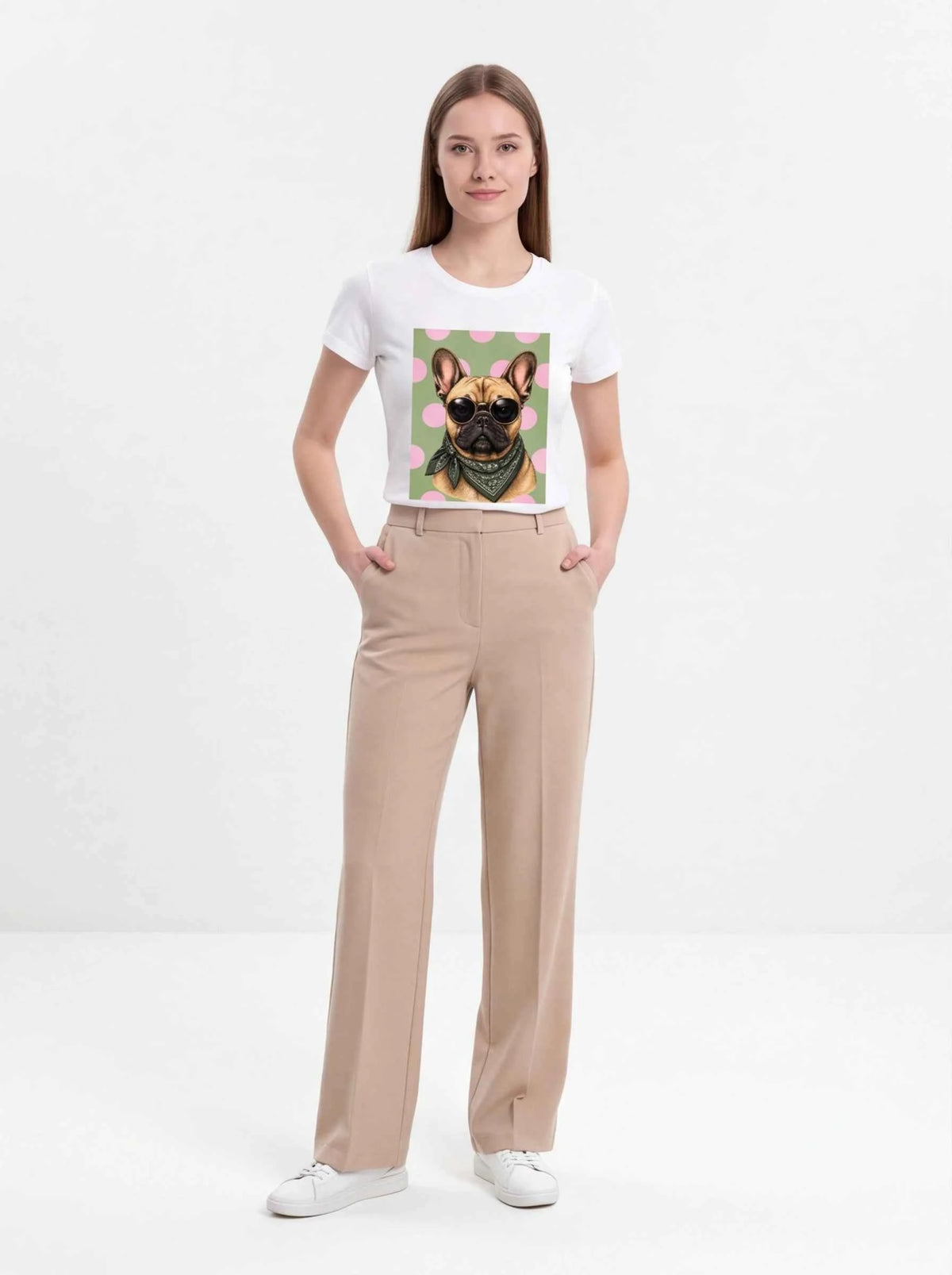 White crewneck T-shirt with small centered bulldog portrait graphic and polka-dot border