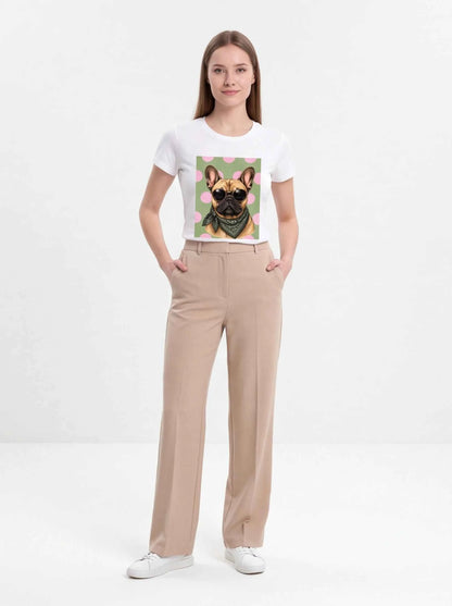 White crewneck T-shirt with small centered bulldog portrait graphic and polka-dot border