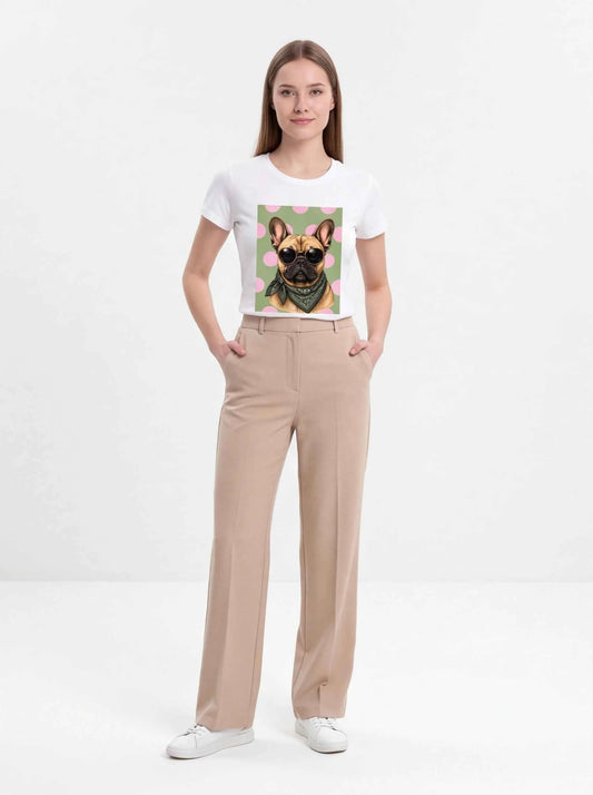 White crewneck T-shirt with small centered bulldog portrait graphic and polka-dot border