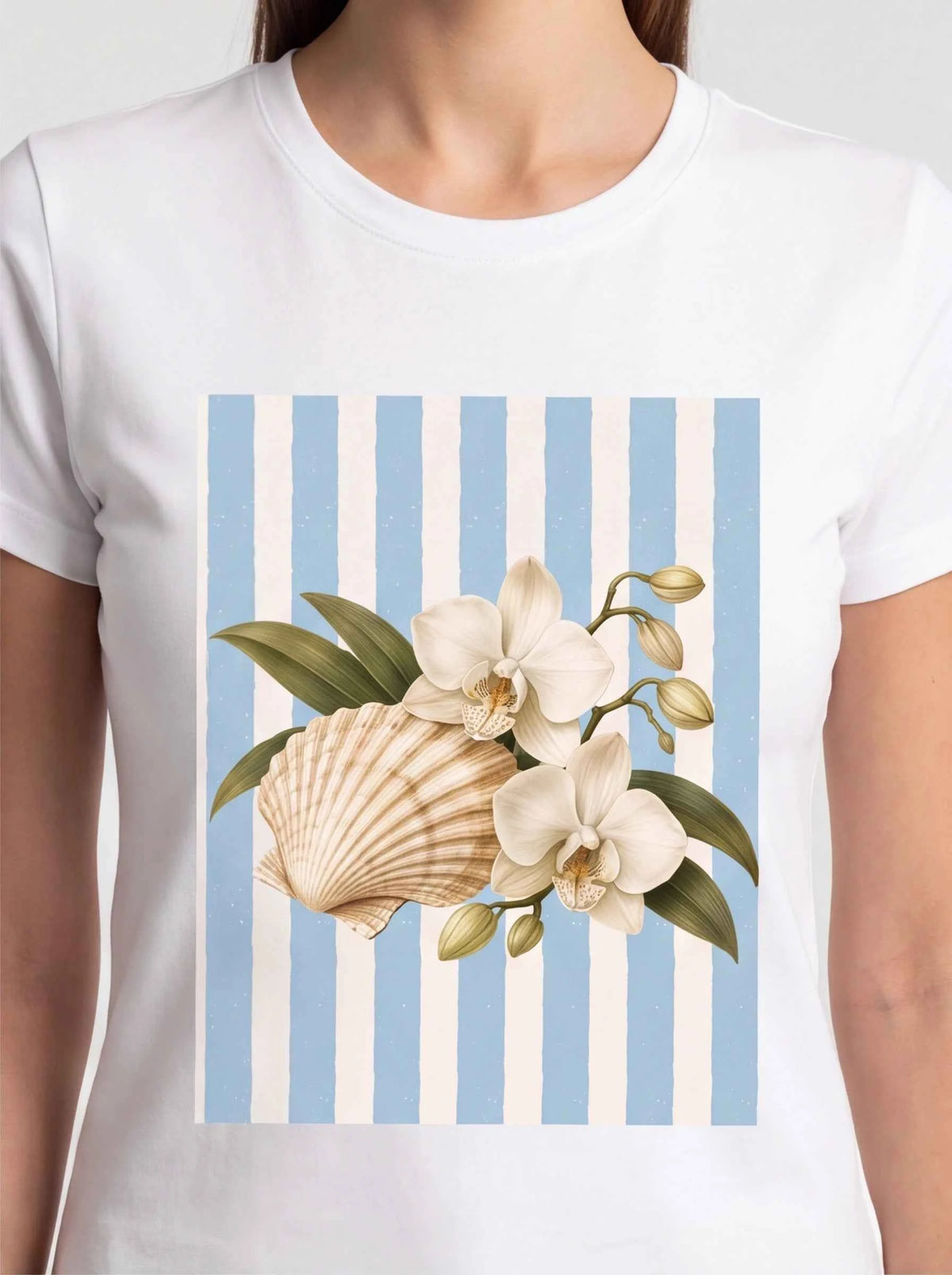 White crewneck t-shirt with blue striped floral seashell graphic