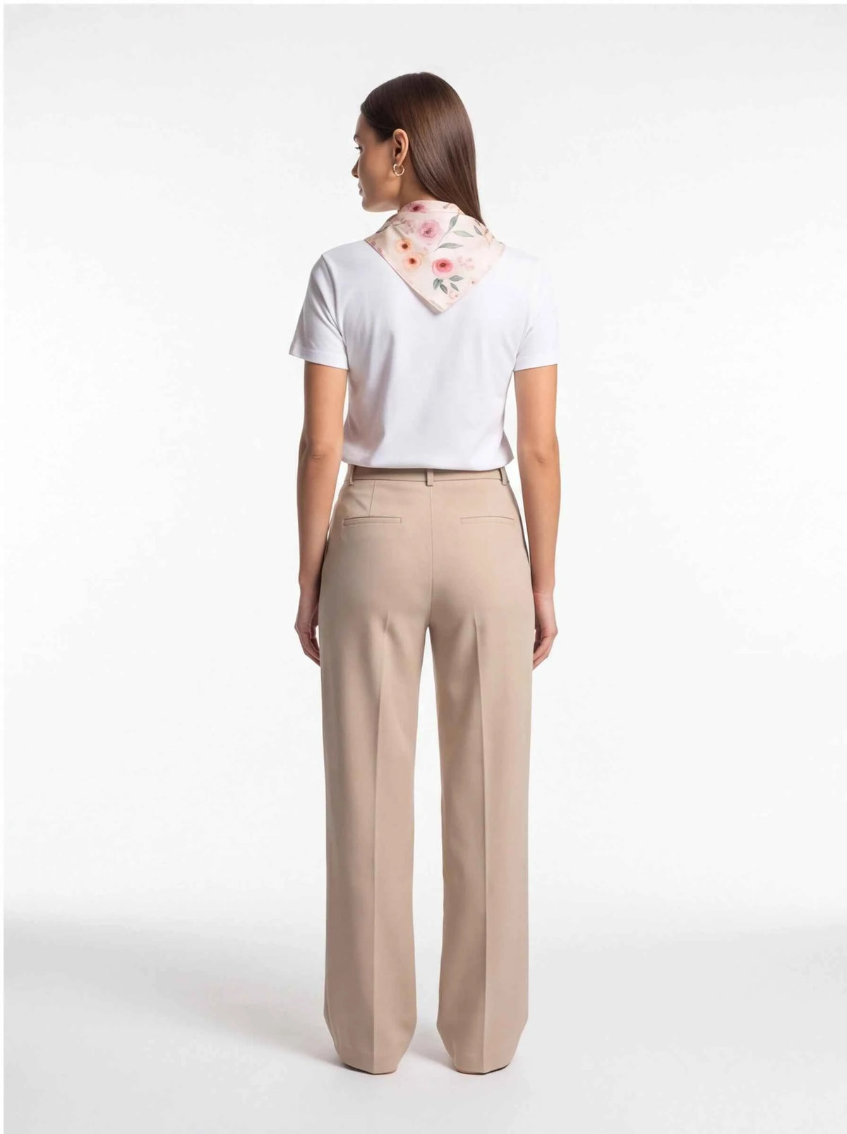Silk bandana rear view: white silk with blush floral print, knotted at neck